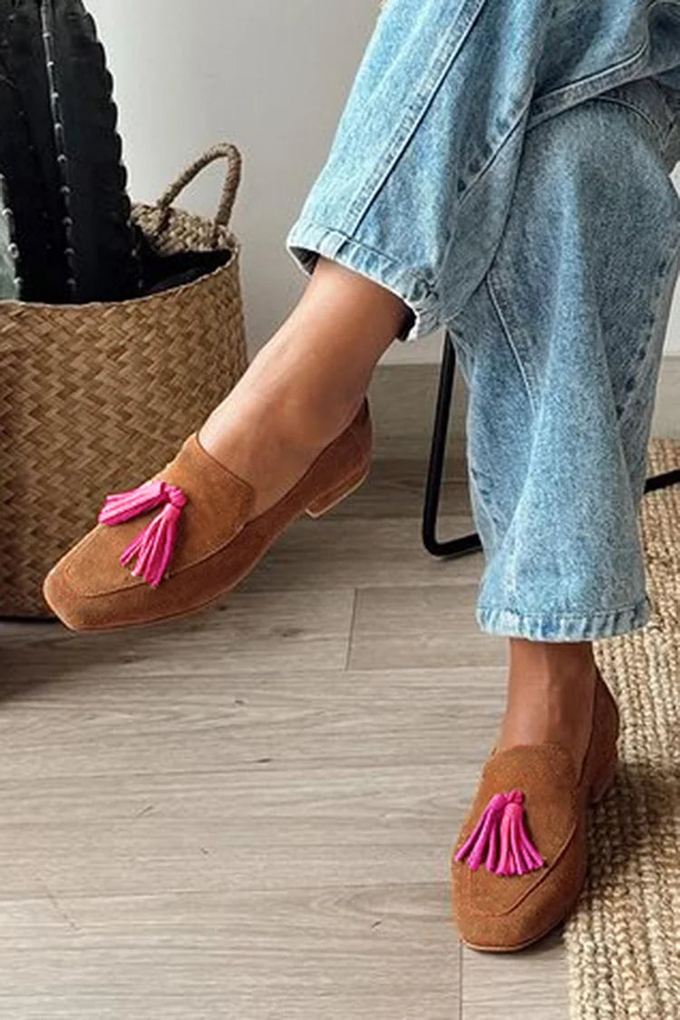 Dalenka - Brązowe loafersy z kwadratowym noskiem i elementami w stylu colourblock