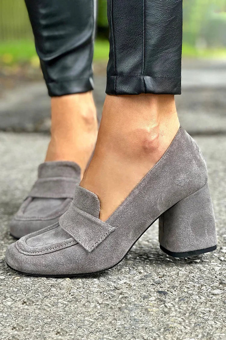 Halelina - Retro loafersy z zamszu z kwadratowym noskiem i grubym obcasem