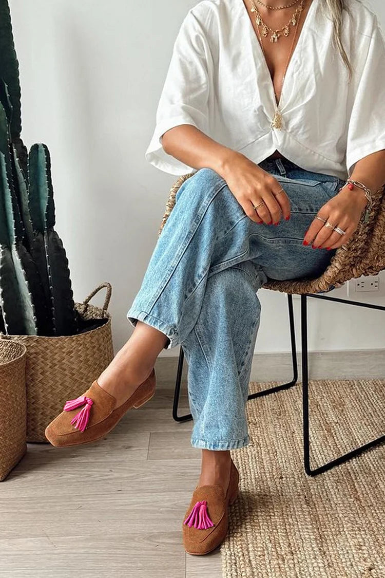Dalenka - Brązowe loafersy z kwadratowym noskiem i elementami w stylu colourblock