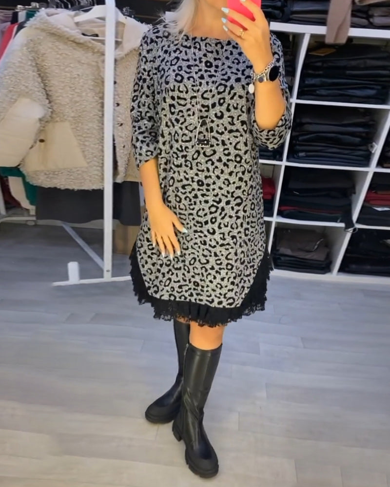 Feline - Sukienka leopardzie długim rękawem wyszczuplająca