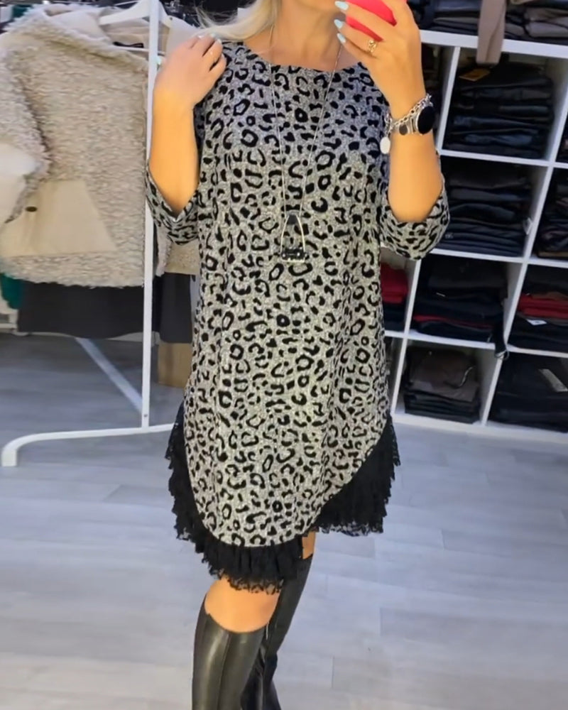 Feline - Sukienka leopardzie długim rękawem wyszczuplająca