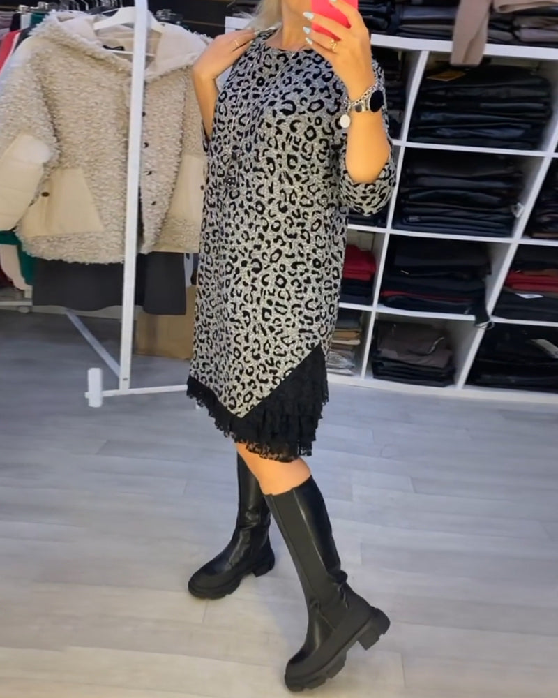 Feline - Sukienka leopardzie długim rękawem wyszczuplająca