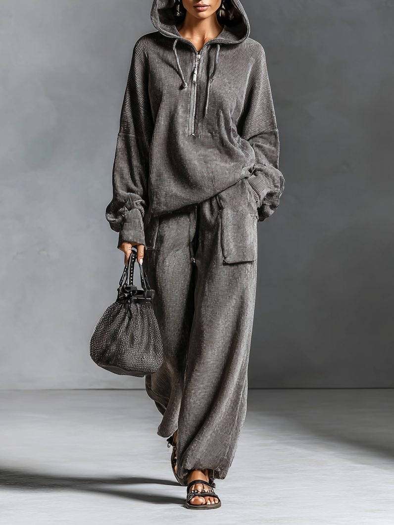 Aleria - Damska luźna bluza z kapturem i prostymi spodniami z materiału sztruksowego