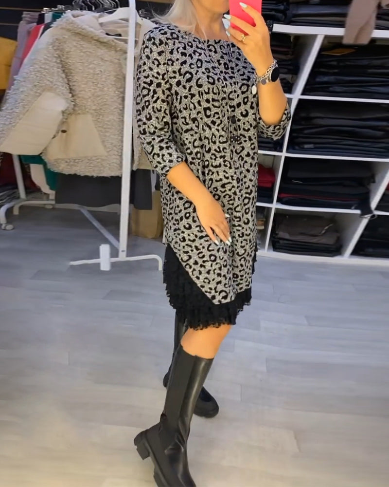 Feline - Sukienka leopardzie długim rękawem wyszczuplająca