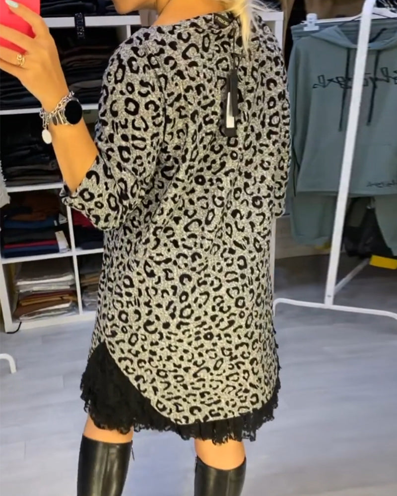 Feline - Sukienka leopardzie długim rękawem wyszczuplająca