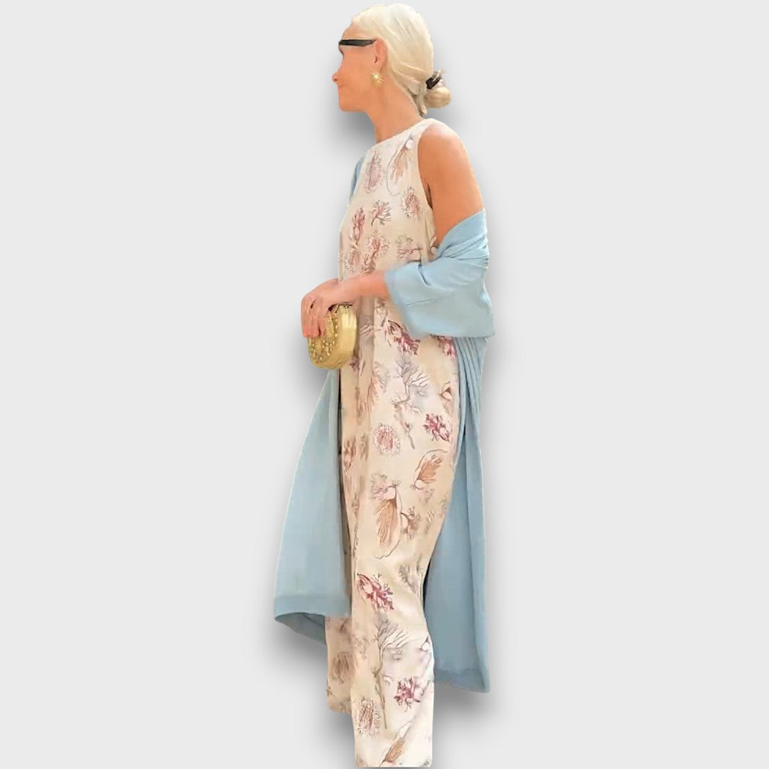 Hilaria – Zwiewna sukienka maxi z pastelowym kardiganem